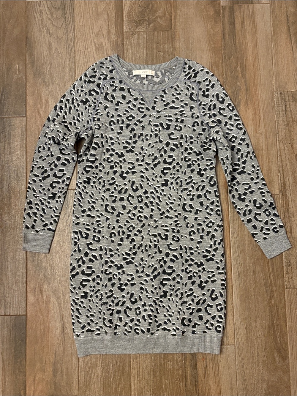 LOFT petite Gray and Black Leopard Sweater Dress